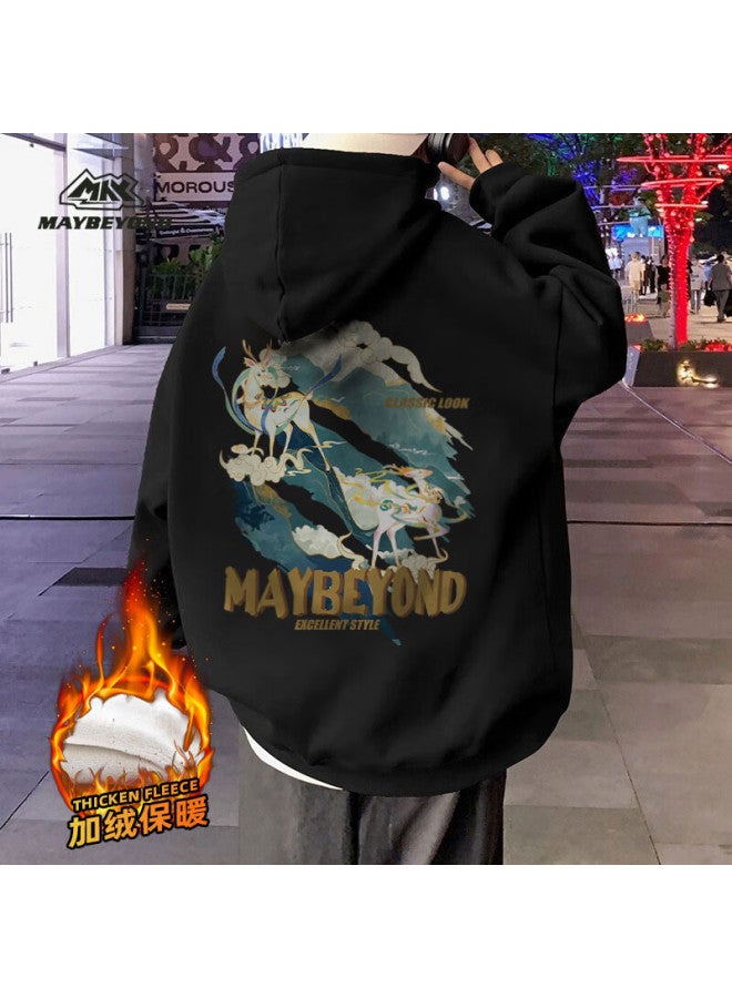 Maybeyond Men's Winter Hoodie Thickened Loose Fit Hong Kong Style Ma23 Wine Red Fleece Lined S - Image 5