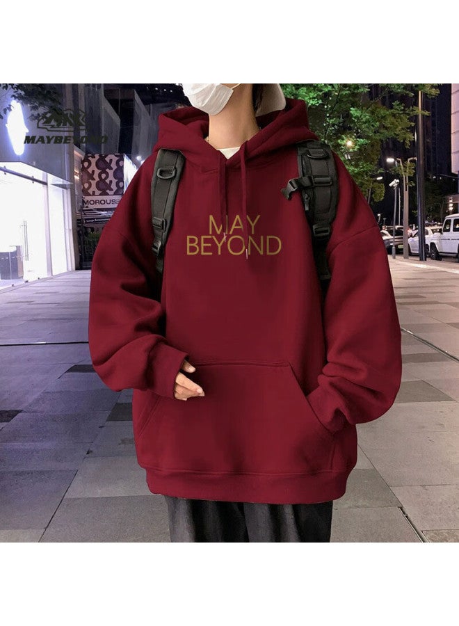 Maybeyond Men's Winter Hoodie Thickened Loose Fit Hong Kong Style Ma23 Wine Red Fleece Lined S - Image 3