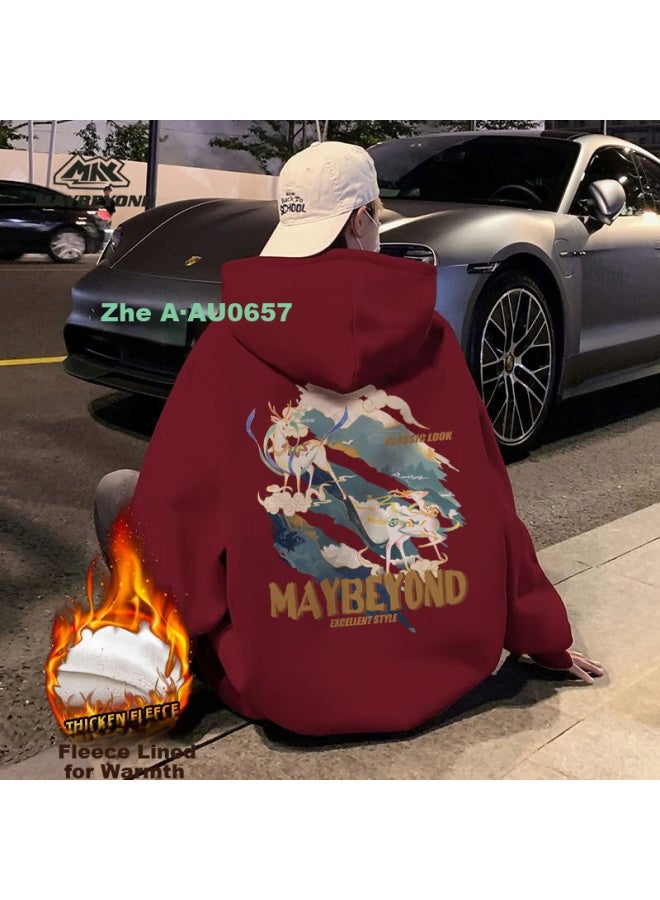 Maybeyond Men's Winter Hoodie Thickened Loose Fit Hong Kong Style Ma23 Wine Red Fleece Lined S - Image 1