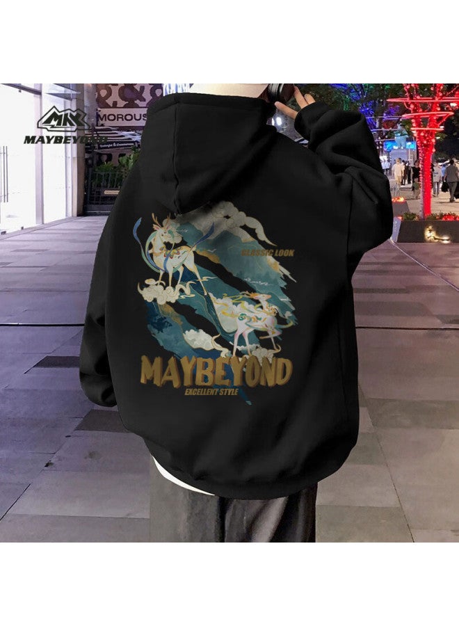 Maybeyond Men's Winter Hoodie Thickened Loose Fit Hong Kong Style Ma23 Wine Red Fleece Lined S - Image 2
