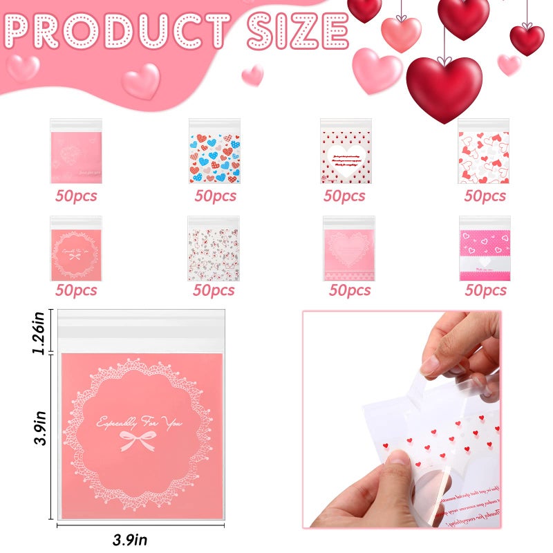 Fumete 400 Pcs Valentine's Day Cellophane Treat Bag Self Adhesive Clear Opp Plastic Resealable Bag 4x4 Inch for Candy Cookies Party Favors - Image 2