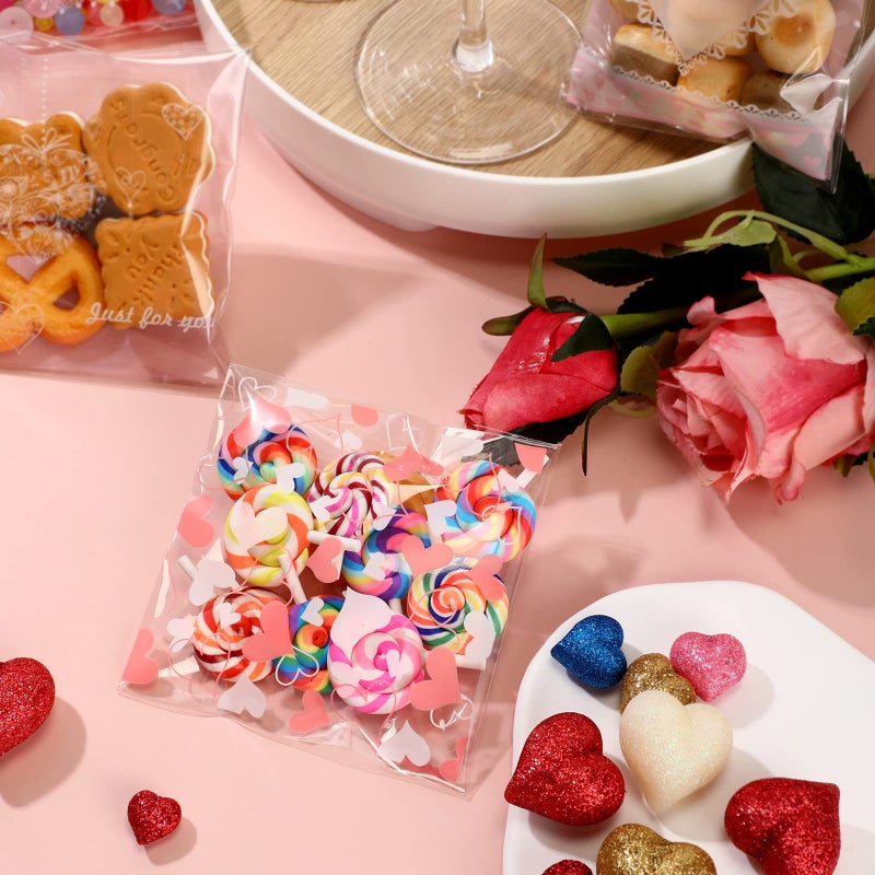 Fumete 400 Pcs Valentine's Day Cellophane Treat Bag Self Adhesive Clear Opp Plastic Resealable Bag 4x4 Inch for Candy Cookies Party Favors - Image 3