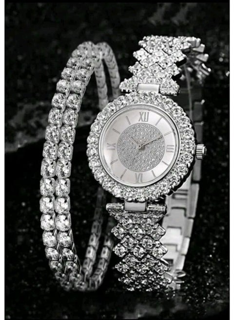 قطعتان من ساعات الكوارتز النسائية الأنيقة والعصرية والعصرية، دائرية فاخرة مرصعة بالألماس بالكامل