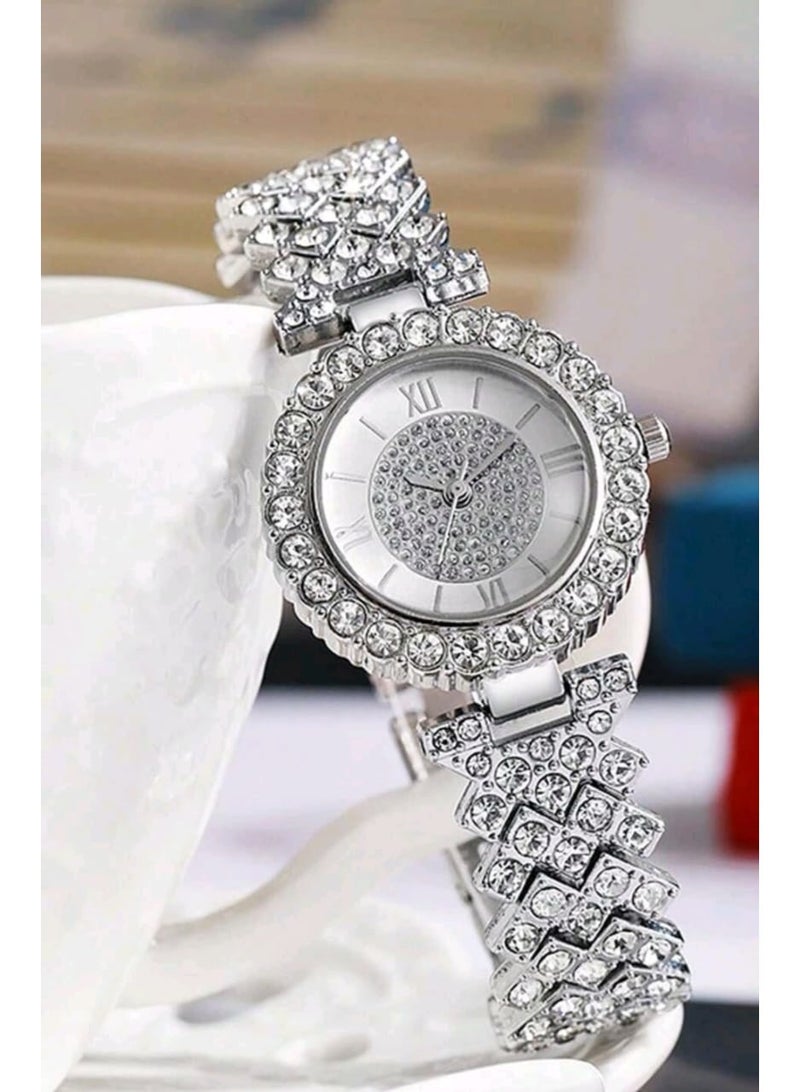 2pcs Women's Fashionable And Casual Quartz Round Luxury Full Diamond Watch - Image 4