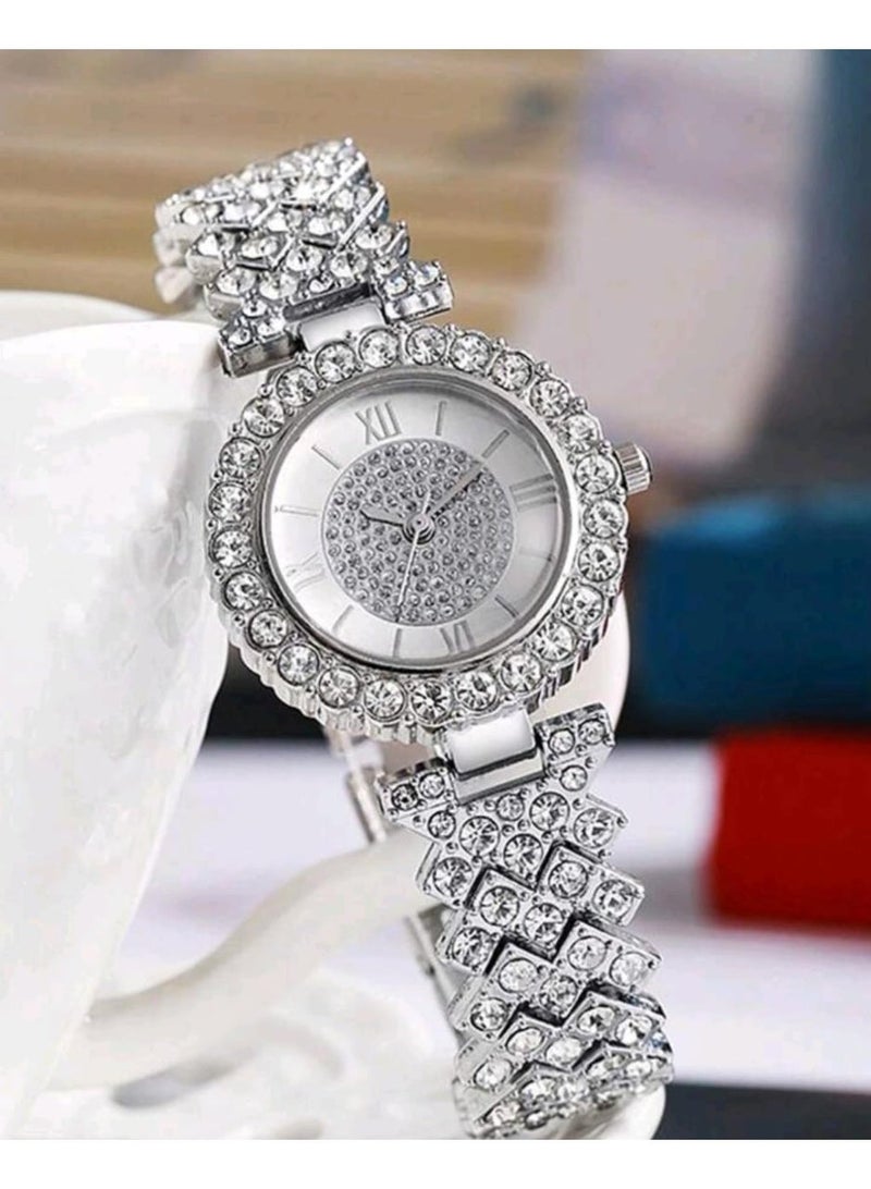 2pcs Women's Fashionable And Casual Quartz Round Luxury Full Diamond Watch - Image 3
