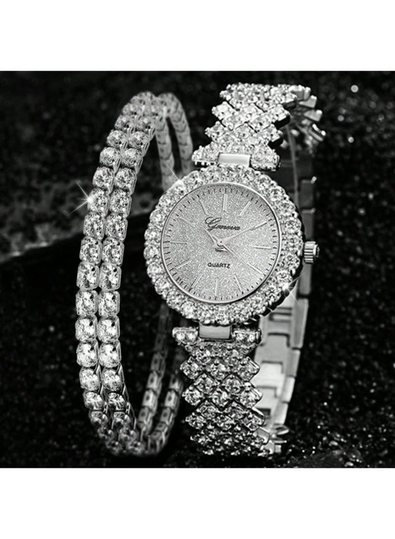2pcs Women's Fashionable And Casual Quartz Round Luxury Full Diamond Watch - Image 2