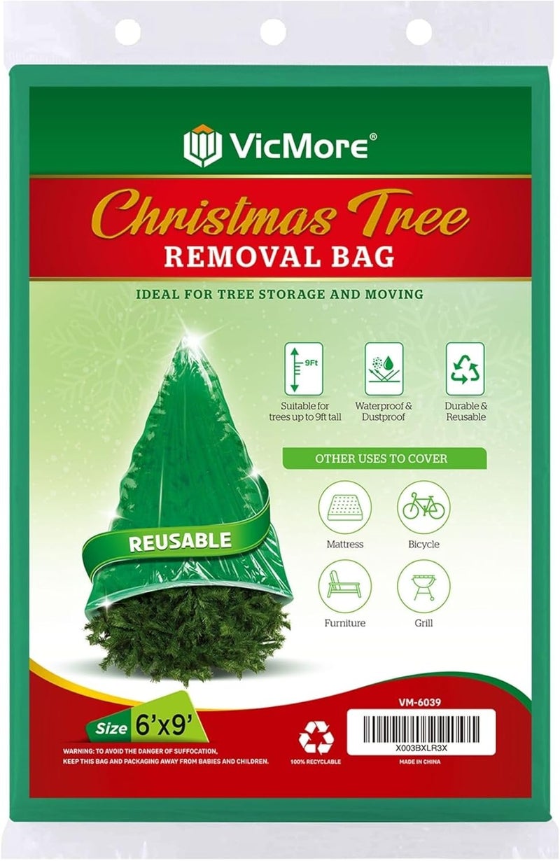 VICMORE Christmas Tree Disposal & Removal Bag (9x6 ft) – Heavy-Duty, Tear-Resistant, Odorless PE Cover for Real or Artificial Xmas Trees – Extra Large, Dustproof & Multi-Use, Green - Image 1