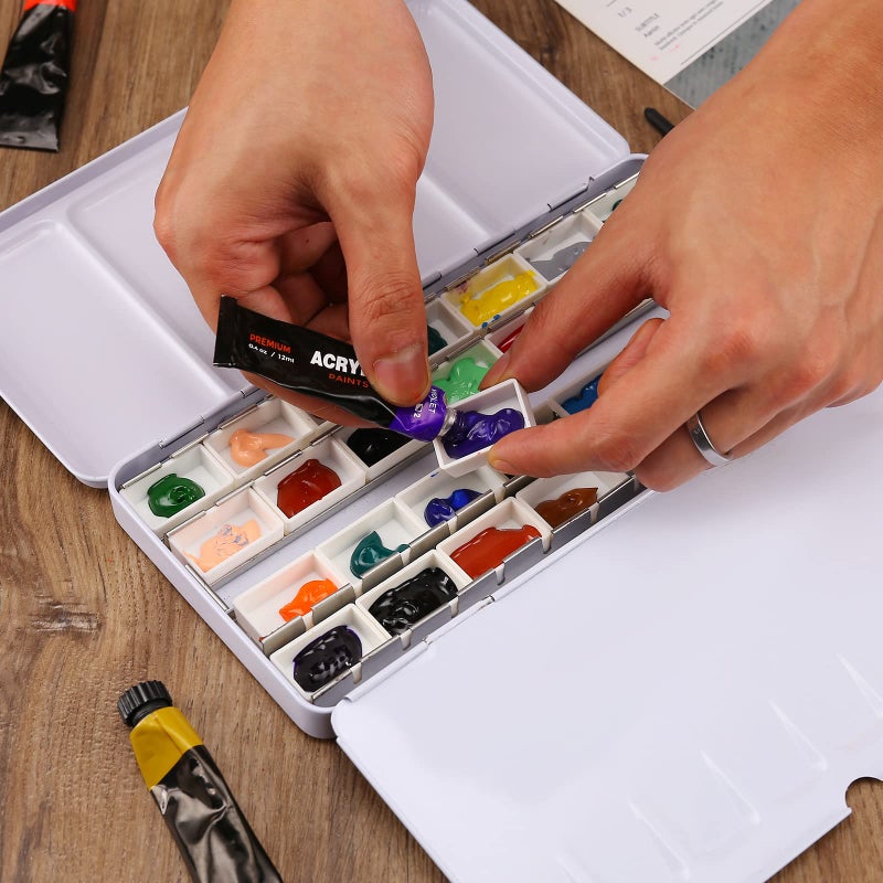 MYARTOOL لوحة ألوان مائية فارغة من MYARTOOL، صندوق علب ألوان مائية فارغ مع 12 وعاء فارغ، صينية ألوان مناسبة للرسم بالزيت، الأكريليك، والألوان المائية - Image 4