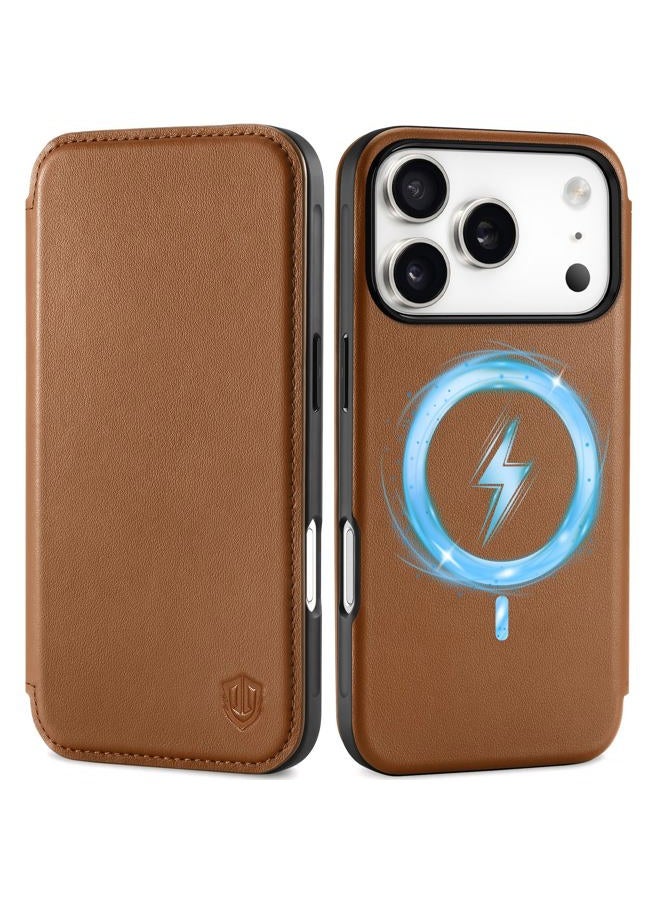 SHIELDON Slim Genuine Leather Wallet Case Compatible with iPhone 17 Pro 6.3-inch 5G 2025, Magnetic Wireless Charging, RFID Blocking, 3 Card Slots, Shock-Absorbent, Protective Flip Cover - Saddle Brown - Image 1