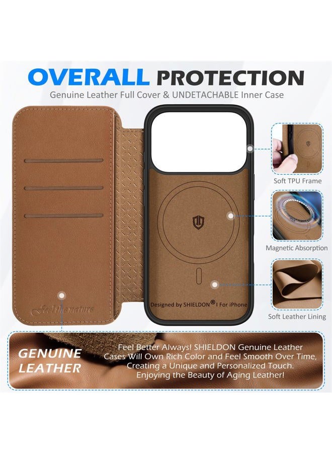 SHIELDON Slim Genuine Leather Wallet Case Compatible with iPhone 17 Pro 6.3-inch 5G 2025, Magnetic Wireless Charging, RFID Blocking, 3 Card Slots, Shock-Absorbent, Protective Flip Cover - Saddle Brown - Image 3
