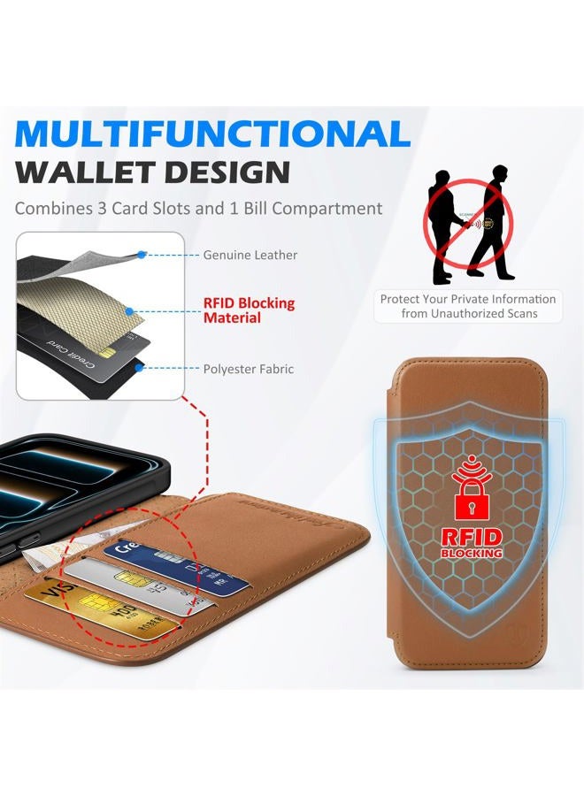 SHIELDON Slim Genuine Leather Wallet Case Compatible with iPhone 17 Pro 6.3-inch 5G 2025, Magnetic Wireless Charging, RFID Blocking, 3 Card Slots, Shock-Absorbent, Protective Flip Cover - Saddle Brown - Image 5