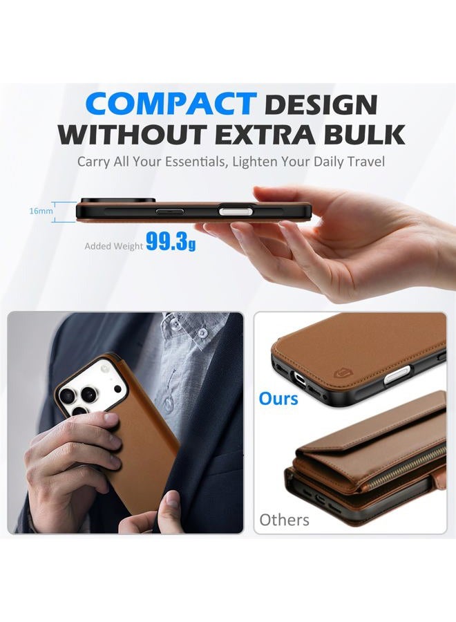 SHIELDON Slim Genuine Leather Wallet Case Compatible with iPhone 17 Pro 6.3-inch 5G 2025, Magnetic Wireless Charging, RFID Blocking, 3 Card Slots, Shock-Absorbent, Protective Flip Cover - Saddle Brown - Image 4