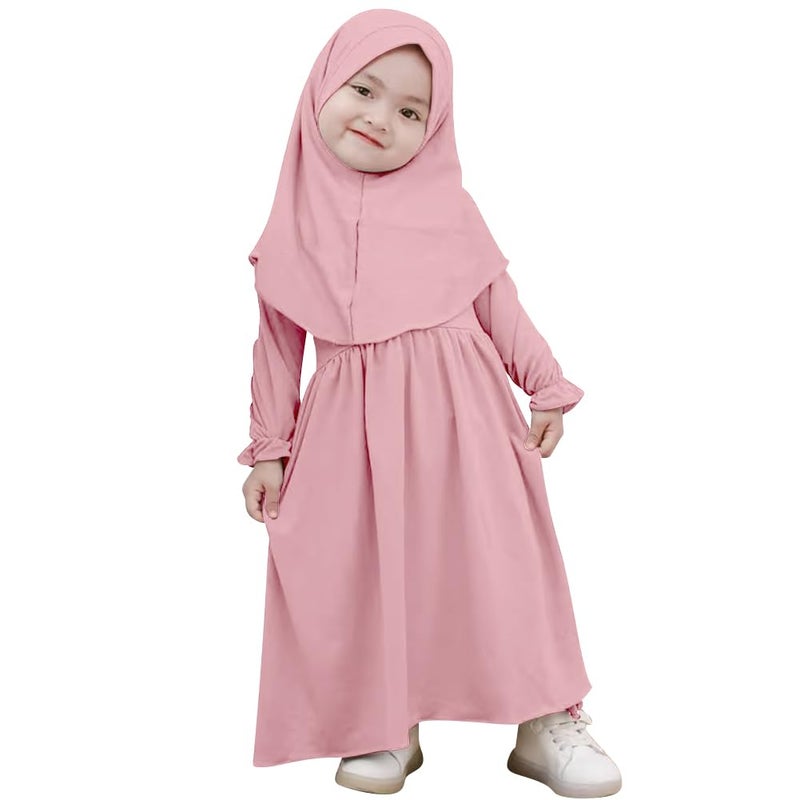 ODASDO Newborn Infant Baby Girls Muslim Abaya Prayer Dress, Toddler Kids Long Sleeve Maxi Islamic Kaftan Dress with Hijab Two Piece Set Middle East Arabian Dubai Robe Ramadan Eid Party Pink 2-3 Years - Image 5