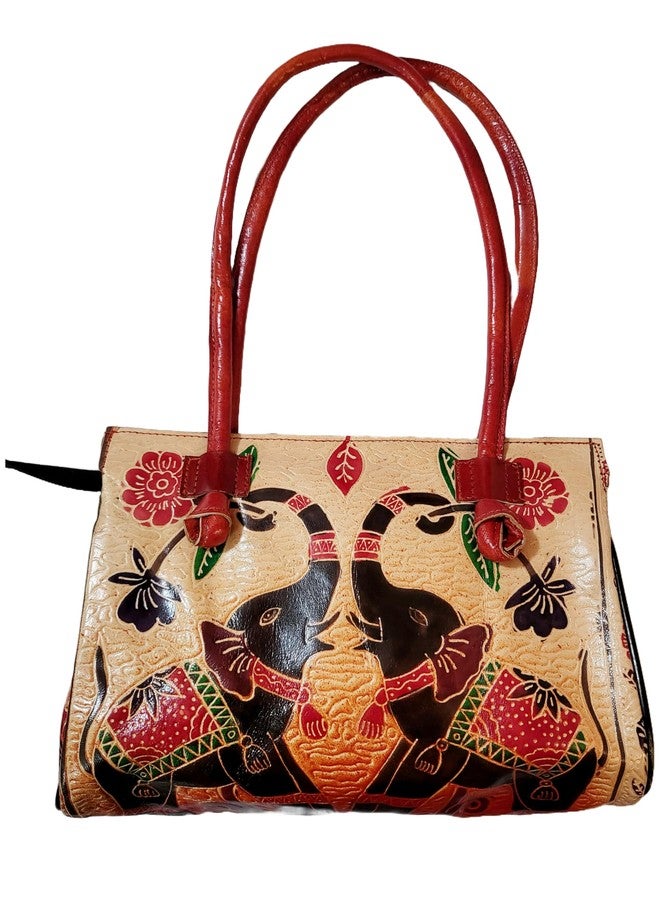 CLASSIQUE Shantiniketan Twin Royal Elephants Design Ethnic Block Printed Leather Indian Shoulder Bag - Image 1