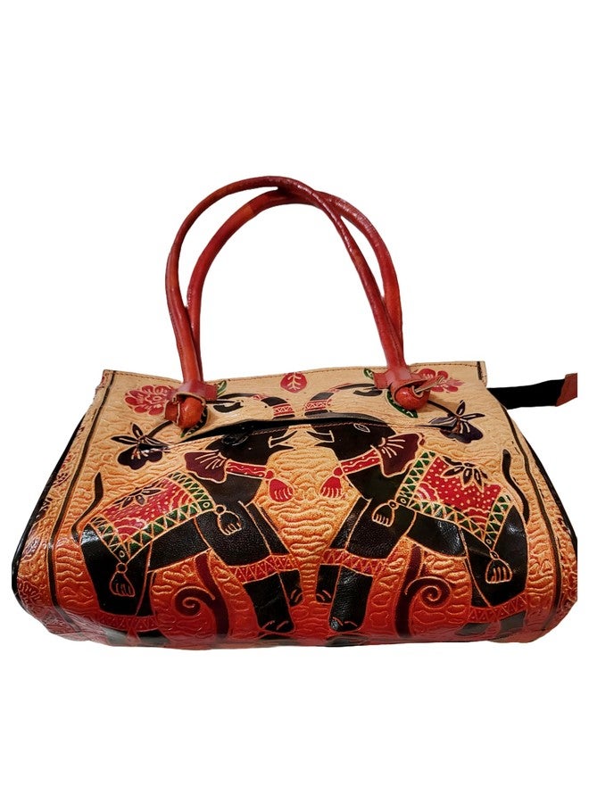 CLASSIQUE Shantiniketan Twin Royal Elephants Design Ethnic Block Printed Leather Indian Shoulder Bag - Image 4