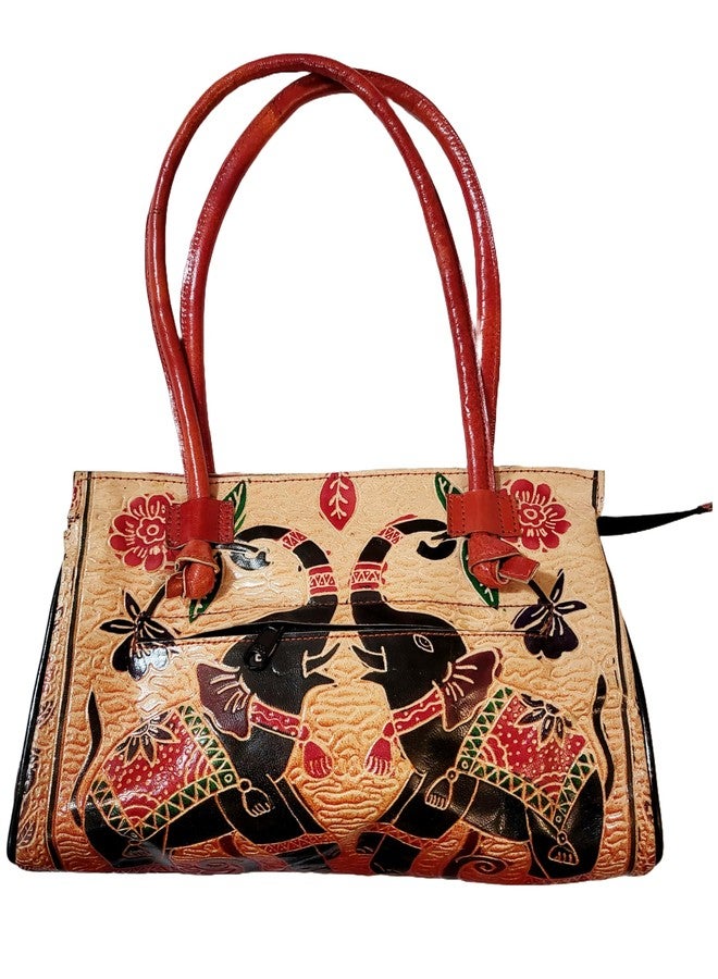CLASSIQUE Shantiniketan Twin Royal Elephants Design Ethnic Block Printed Leather Indian Shoulder Bag - Image 3