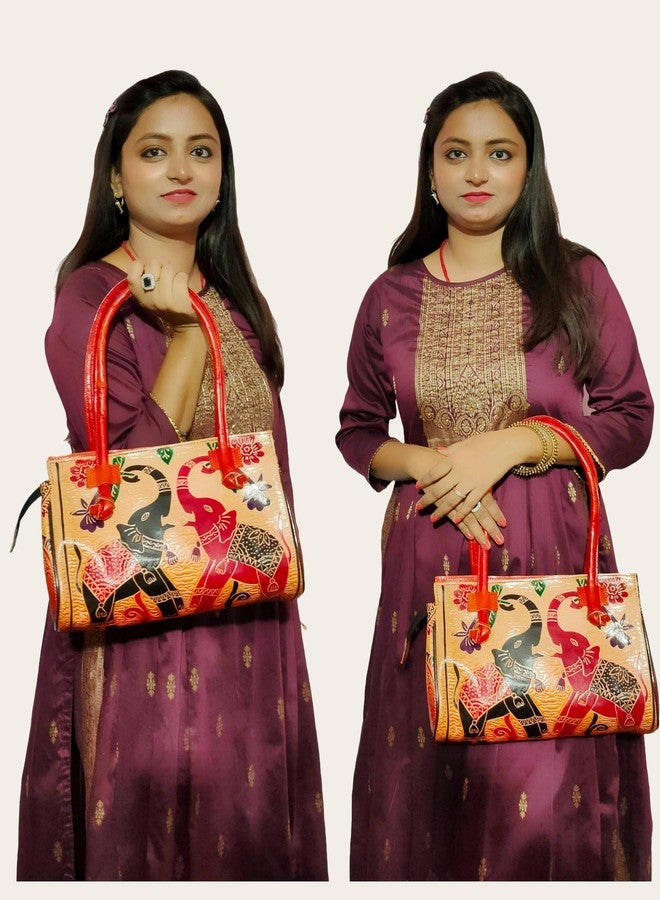 CLASSIQUE Shantiniketan Twin Royal Elephants Design Ethnic Block Printed Leather Indian Shoulder Bag - Image 2