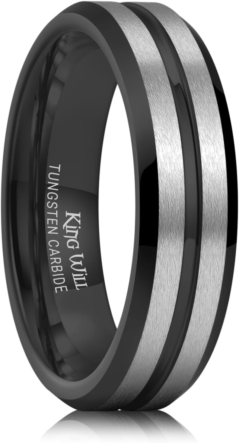 King Will Tungsten Carbide Wedding Band for Men Women-6/8/10mm Width Multicolor Available with Grooved Center Wedding Ring Suitable for Work, Gym Comfort Fit Size 4-16 - Image 1