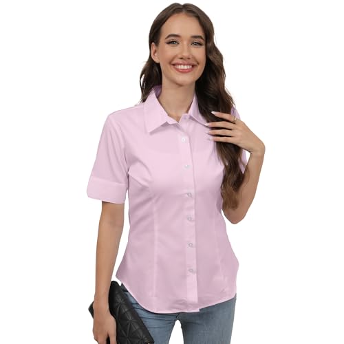 SUNNOW Womens Tailored Short Sleeve Basic Simple Button-Down Shirt with Stretch Pink - Image 1