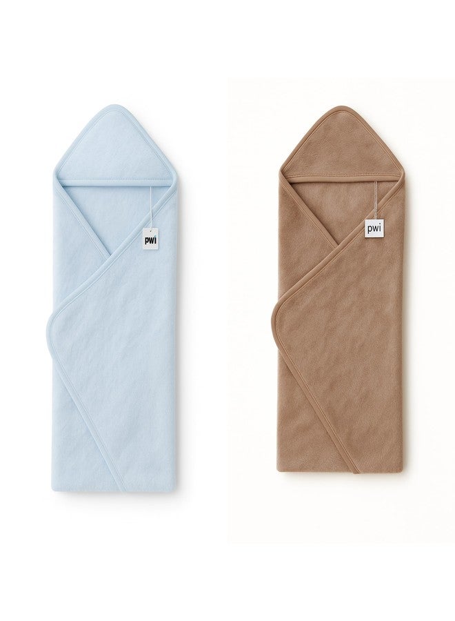 PWI Ultra Soft Baby Wrapper for 0-6 Months | Hooded Blanket | Lightweight & Breathable | Super Cozy Cloudy Fabric | 30x30 Inch (Blue-Brown) Pack of 2 - Image 1