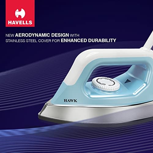 Havells Hawk 1100 watt Heavy Weight Dry Iron With American Heritage Non Stick Sole Plate, Aerodynamic Design, Easy Grip Temperature Knob & 2 years Warranty. (Blue & White) - Image 2