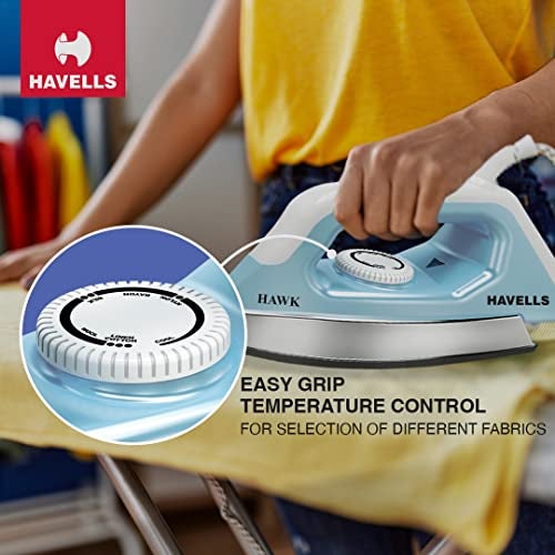 Havells Hawk 1100 watt Heavy Weight Dry Iron With American Heritage Non Stick Sole Plate, Aerodynamic Design, Easy Grip Temperature Knob & 2 years Warranty. (Blue & White) - Image 5
