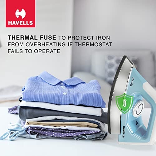 Havells Hawk 1100 watt Heavy Weight Dry Iron With American Heritage Non Stick Sole Plate, Aerodynamic Design, Easy Grip Temperature Knob & 2 years Warranty. (Blue & White) - Image 4