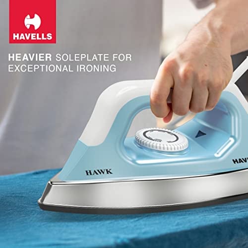 Havells Hawk 1100 watt Heavy Weight Dry Iron With American Heritage Non Stick Sole Plate, Aerodynamic Design, Easy Grip Temperature Knob & 2 years Warranty. (Blue & White) - Image 3