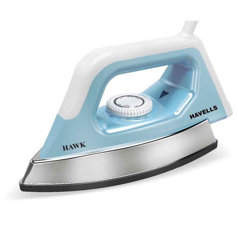 Havells Hawk 1100 watt Heavy Weight Dry Iron With American Heritage Non Stick Sole Plate, Aerodynamic Design, Easy Grip Temperature Knob & 2 years Warranty. (Blue & White) - Image 1