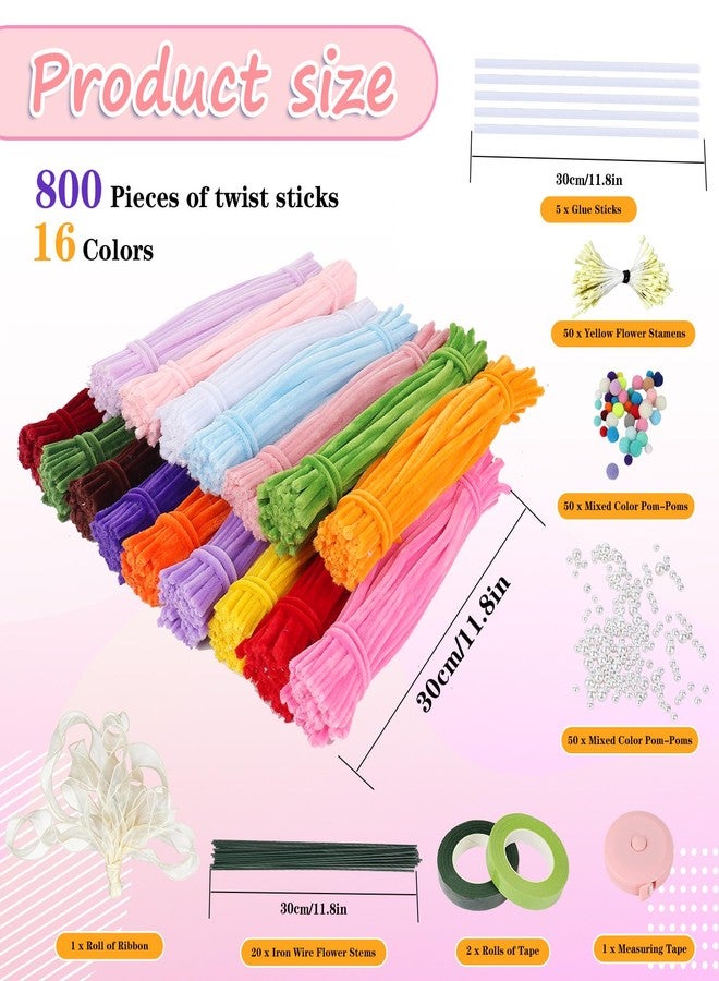 HANEVEAR 800Pcs Pipe Cleaners Craft, 16 Colors Pastel Pipe Cleaner Flower, Thick Chenille Pipe Cleaners Bulk with Floral Wires, Tape, Stamen, Ribbon & Video Tutorial, DIY Handmade Bouquet, Creative Gift - Image 2