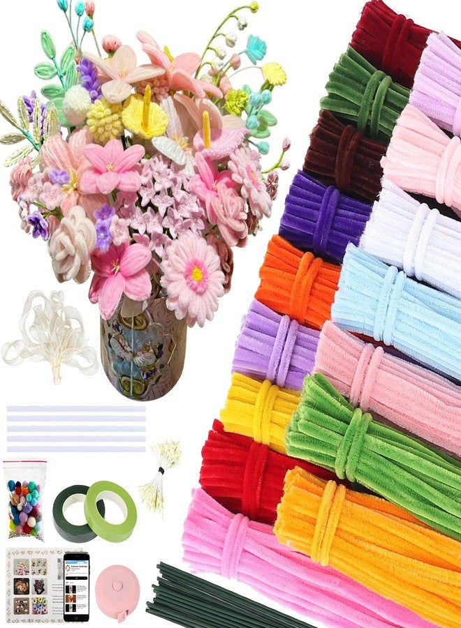 HANEVEAR 800Pcs Pipe Cleaners Craft, 16 Colors Pastel Pipe Cleaner Flower, Thick Chenille Pipe Cleaners Bulk with Floral Wires, Tape, Stamen, Ribbon & Video Tutorial, DIY Handmade Bouquet, Creative Gift - Image 1