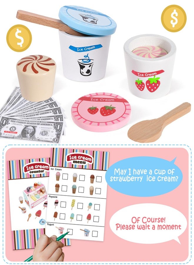 Toyssa Wooden Ice Cream Toys Kids Kitchen Play Store for Toddlers Girls, Play Kitchen Accessories with Scoop & Menu & Fake Money, Wooden Toys for 3 4 5 Year Old Girls Boys Birthday - Image 3