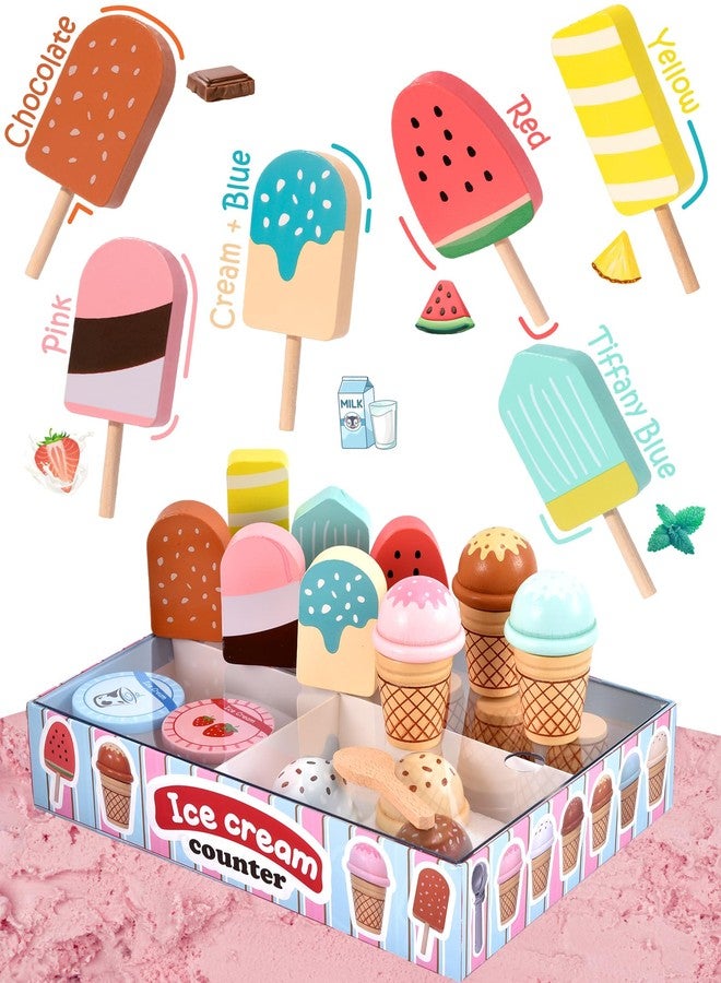 Toyssa Wooden Ice Cream Toys Kids Kitchen Play Store for Toddlers Girls, Play Kitchen Accessories with Scoop & Menu & Fake Money, Wooden Toys for 3 4 5 Year Old Girls Boys Birthday - Image 5
