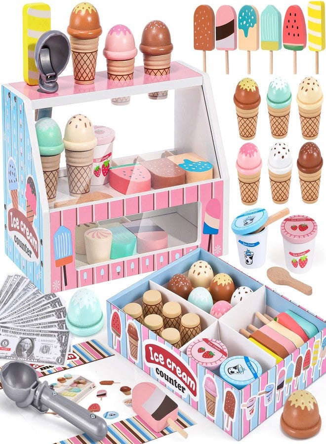 Toyssa Wooden Ice Cream Toys Kids Kitchen Play Store for Toddlers Girls, Play Kitchen Accessories with Scoop & Menu & Fake Money, Wooden Toys for 3 4 5 Year Old Girls Boys Birthday - Image 1