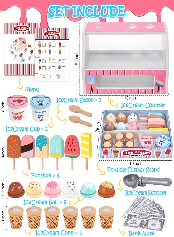 Toyssa Wooden Ice Cream Toys Kids Kitchen Play Store for Toddlers Girls, Play Kitchen Accessories with Scoop & Menu & Fake Money, Wooden Toys for 3 4 5 Year Old Girls Boys Birthday - Image 2