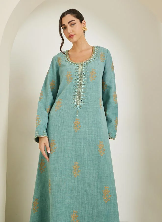Amirah Green Embroidered A-Line Jalabiya