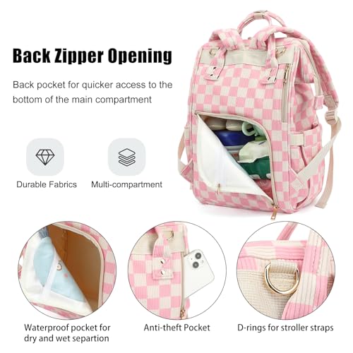 Dezcrab Baby Diaper Bag Backpack for Mom, Large Capacity Travel Nappy Bag for Boys & Girls with Stroller Straps (Corduroy Checkered Pink) - Image 4