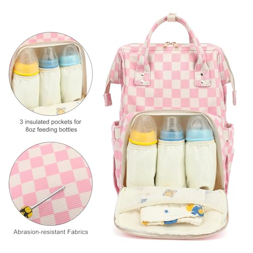 Dezcrab Baby Diaper Bag Backpack for Mom, Large Capacity Travel Nappy Bag for Boys & Girls with Stroller Straps (Corduroy Checkered Pink) - Image 3