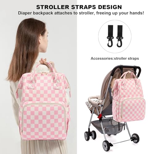 Dezcrab Baby Diaper Bag Backpack for Mom, Large Capacity Travel Nappy Bag for Boys & Girls with Stroller Straps (Corduroy Checkered Pink) - Image 2
