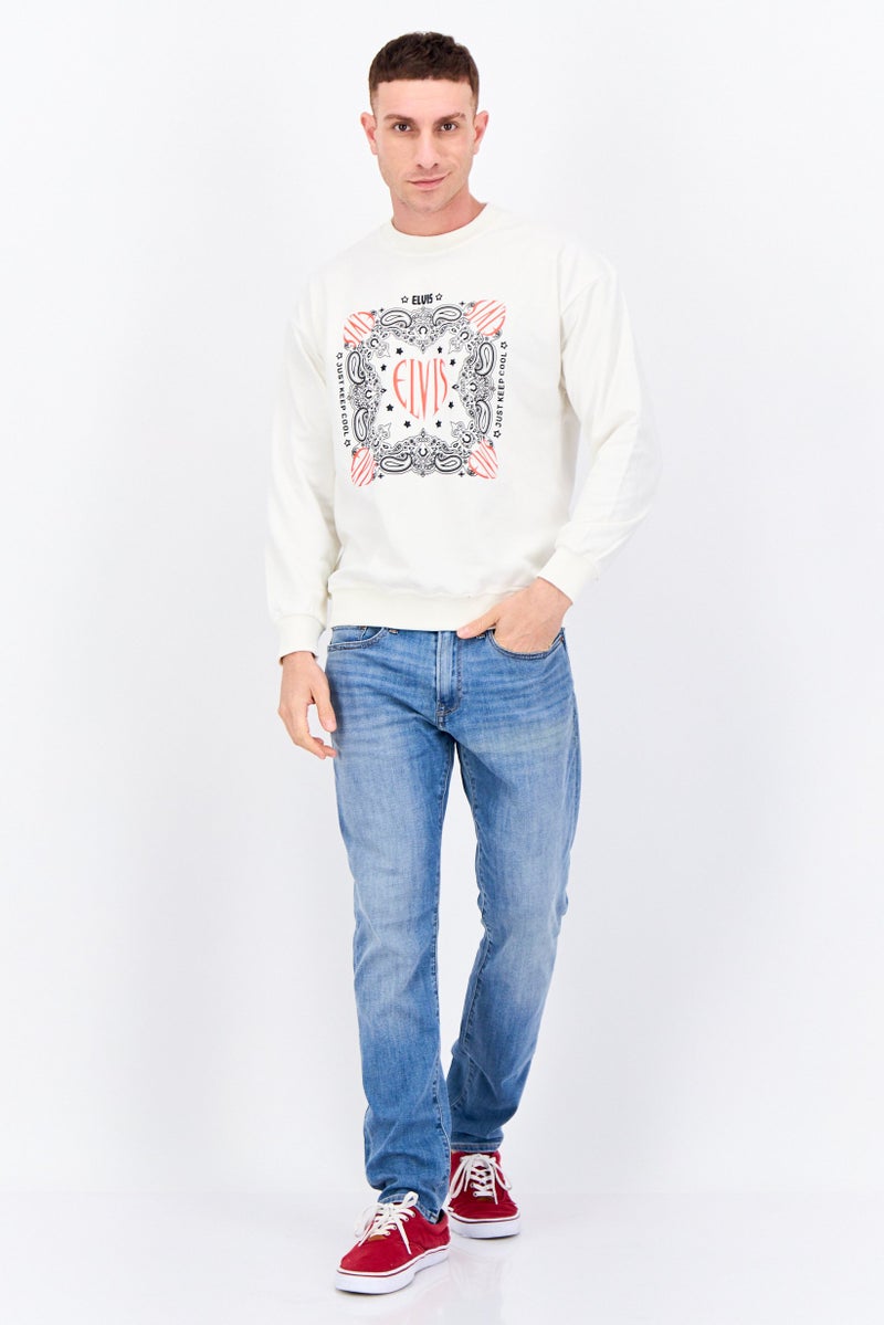 ELVIS Men Crew Neck Graphic Printed Long Sleeves Sweatshirt, Off White - Image 3