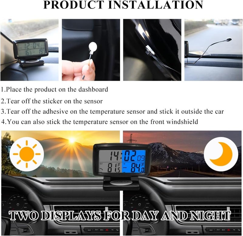 SHMZK Car Digital Thermometer Clock, 2 in 1 Easy to Read Car Indoor Outdoor Thermometer with LCD Backlight, Vehicle Luminous Clock & Temperature Meter, Car Internal Accessories - Image 3