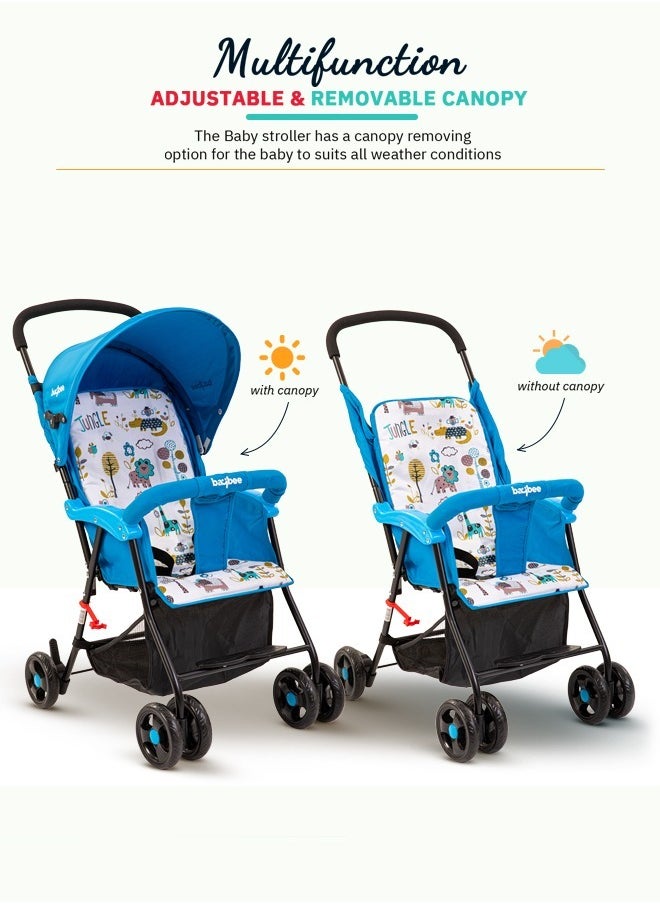 BAYBEE Infant Baby Stroller for Newborn Babies with 2 Position Adjustable Canopy Round Grip Handle Safety Harness Storage Basket Baby Push Stroller for Toddlers 6 Months to 3 Years Boys Girls Blue  - Image 3