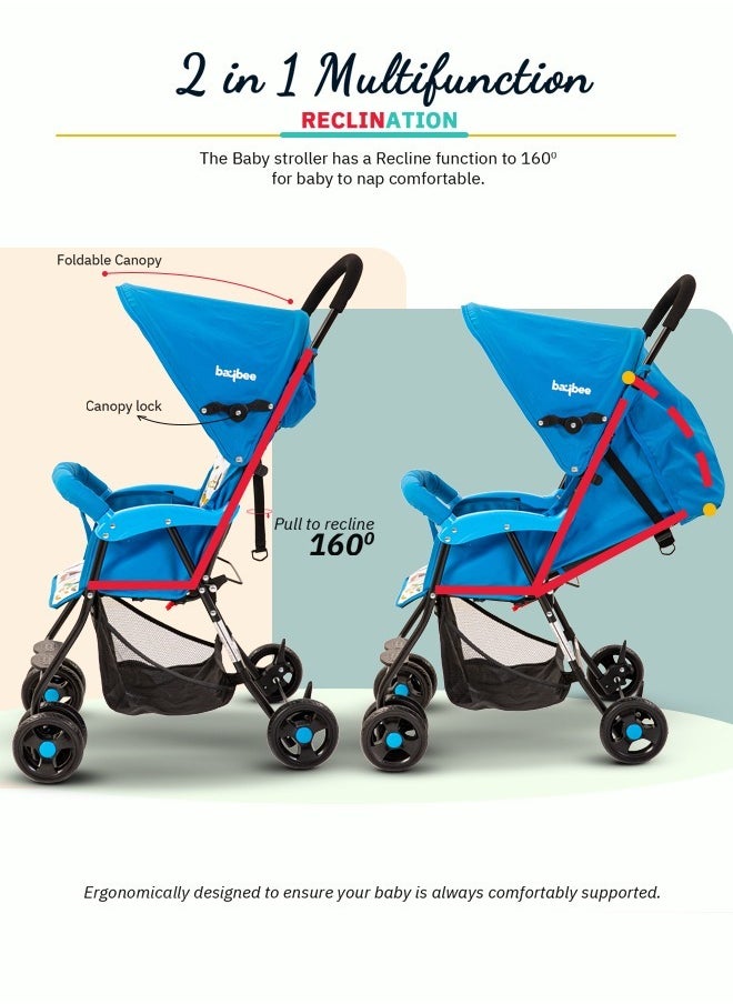 BAYBEE Infant Baby Stroller for Newborn Babies with 2 Position Adjustable Canopy Round Grip Handle Safety Harness Storage Basket Baby Push Stroller for Toddlers 6 Months to 3 Years Boys Girls Blue  - Image 4
