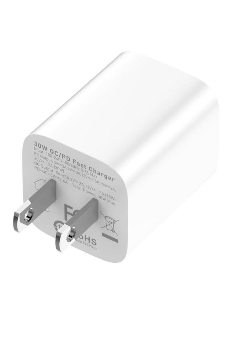 شاحن حائط سريع A2317C بمقبس الاتحاد الأوروبي مع كابل من النوع C ومنافذ USB من النوع C بقوة 30 وات - أبيض