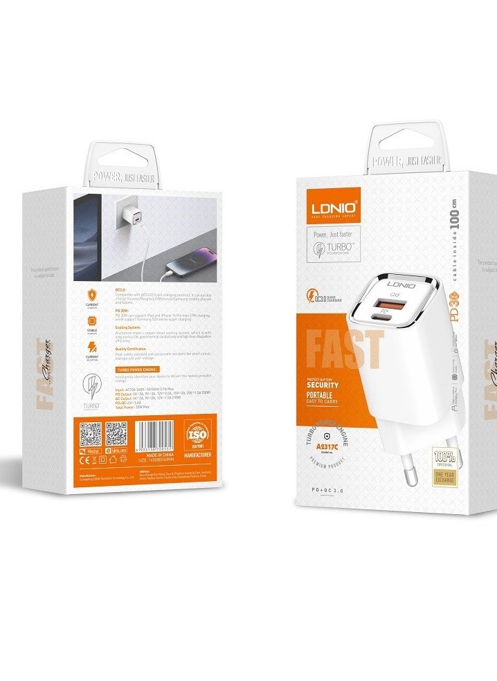شاحن حائط سريع A2317C بمقبس الاتحاد الأوروبي مع كابل من النوع C ومنافذ USB من النوع C بقوة 30 وات - أبيض