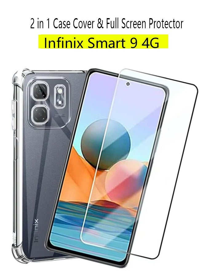 2 in 1 Infinix Smart 9 4G Phone Case Cover  Screen Protector - Shockproof Clear Slim TPU Protective Phone Cover  Full Coverage Delicate Touch Tempered Glass Screen Protector for Infinix Smart 9 4G