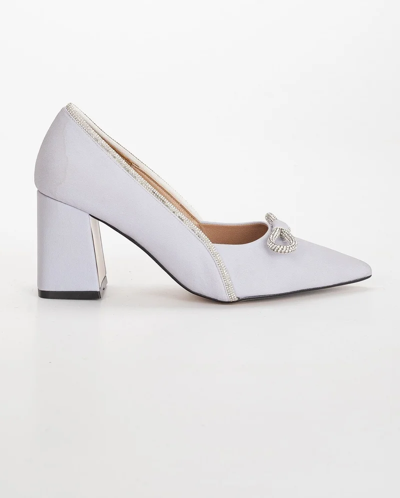Dilimler Ayakkabı Slices Shoes Satin Stone Thick Heel Gray Women's Stiletto