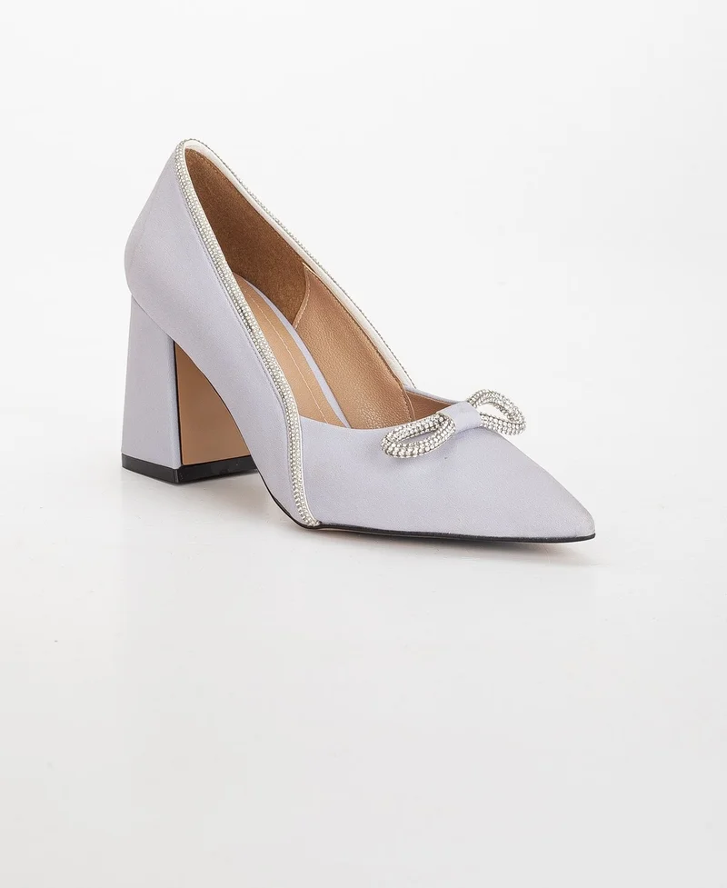 Dilimler Ayakkabı Slices Shoes Satin Stone Thick Heel Gray Women's Stiletto