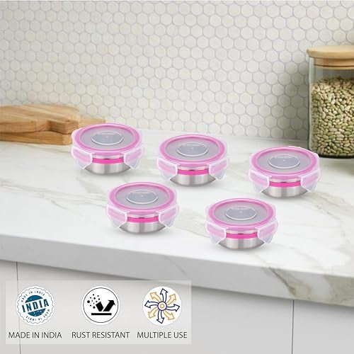 STEELLOCK Stainless Steel Airtight Container with Lid | Leakproof, BPA-Free | Multipurpose Food Storage Containers/Tiffin/Dabba for Office, School & Kitchen | SL-1100-set of 5, 100ml each, Pink - Image 4