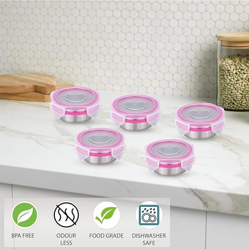 STEELLOCK Stainless Steel Airtight Container with Lid | Leakproof, BPA-Free | Multipurpose Food Storage Containers/Tiffin/Dabba for Office, School & Kitchen | SL-1100-set of 5, 100ml each, Pink - Image 3